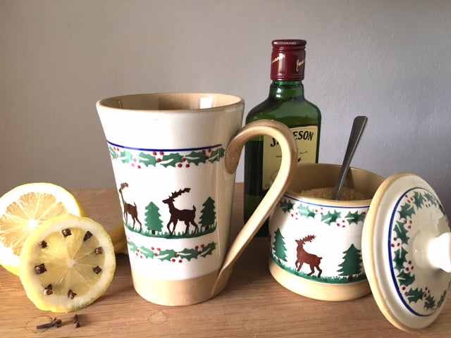 Irish Whiskey in a Tall Mug Reindeer with Lidded sugar bowl Reindeer Nicholas Mosse Pottery