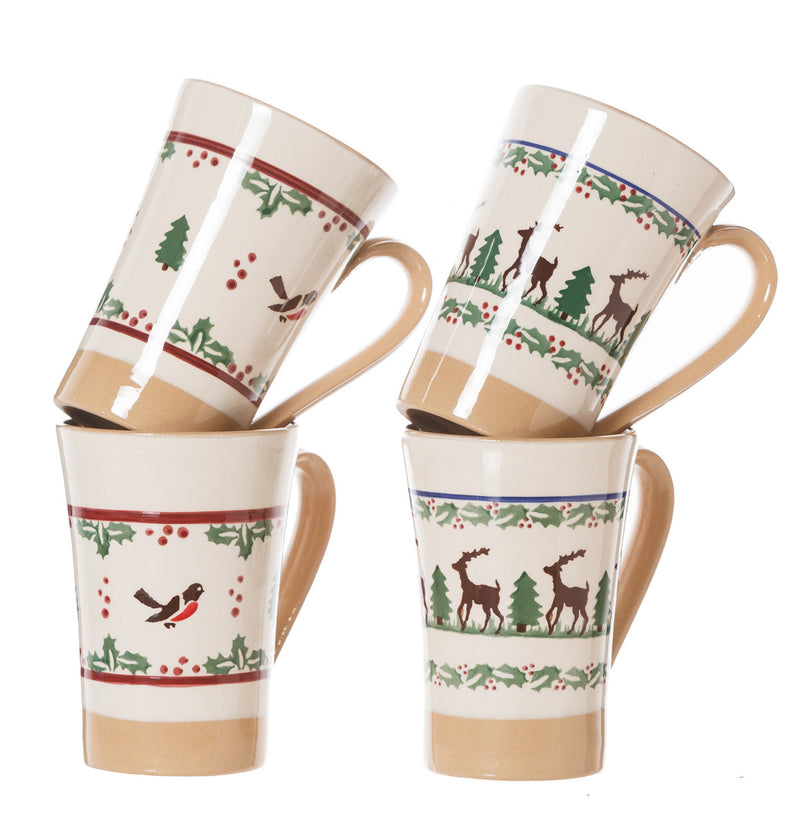 2 Tall Mugs Reindeer & 2 Tall Mugs Winter Robin spongeware pottery by Nicholas Mosse, Ireland - Handmade Irish Craft - nicholasmosse.com
