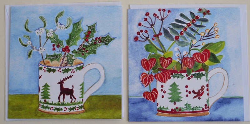 Christmas pack of cards x 4 winter robin and Reindeer