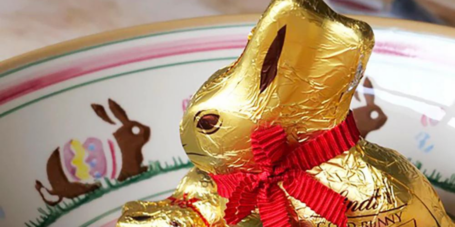 Chocolate Easter Bunny in Nicholas Mosse pottery Easter fruit bowl