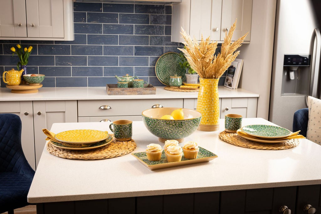 Lawn Green and Lawn Yellow Pattern table setting by Nicholas Mosse Pottery Ireland