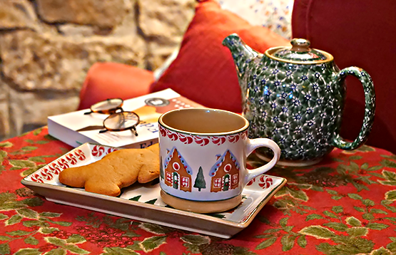 Cosy Reading nook with armchair Nicholas Mosse Linen cushions, Nicholas Mosse Pottery teapot, large mug and rectangular plate with gingerbread man biscuit. Book with glasses on table beside.