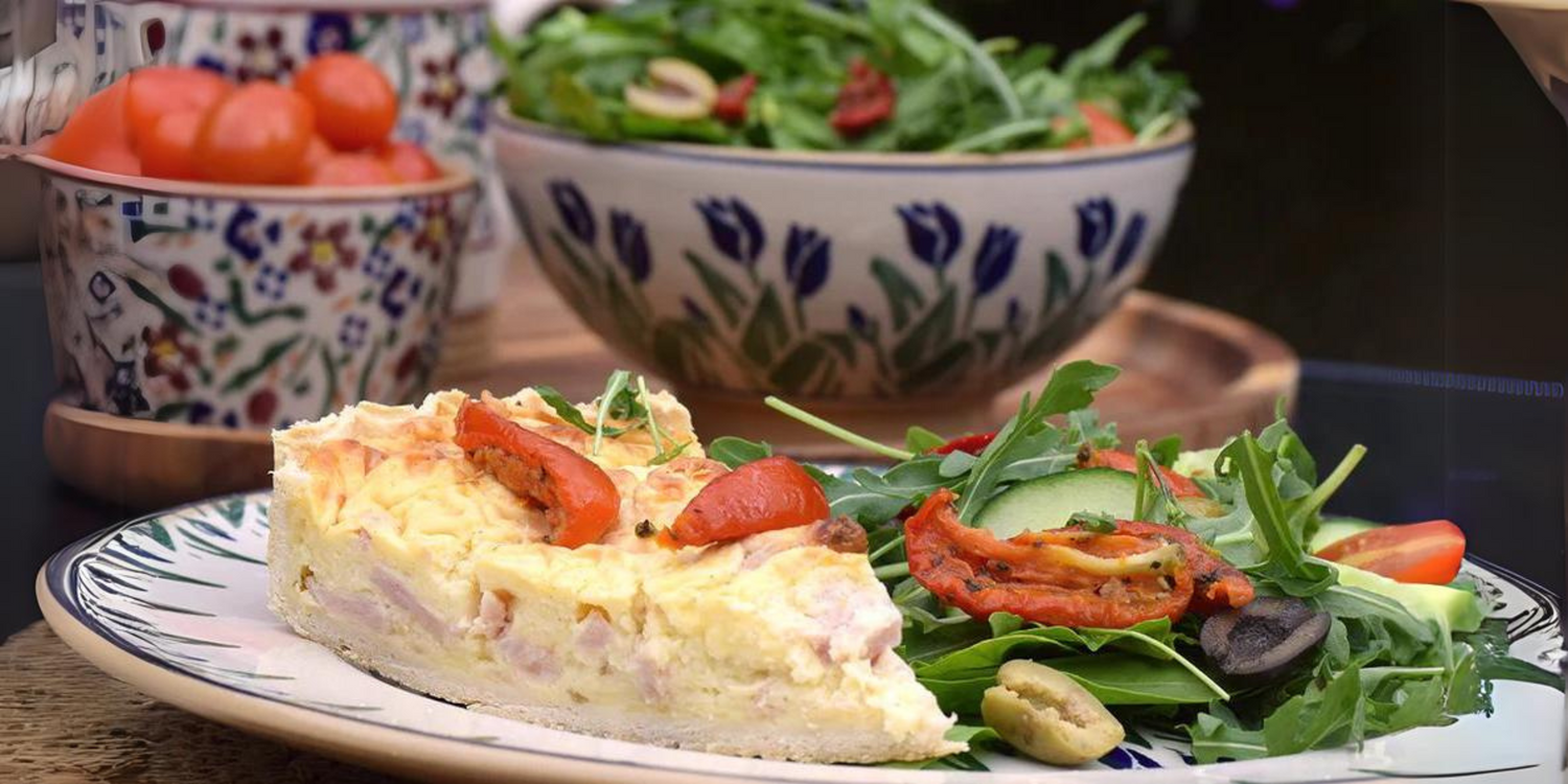 Nicholas Mosse Pottery quiche and salad on blue blooms