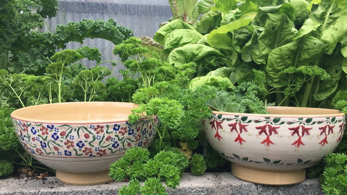 Salad bowl Fuchsia and wildflower Meadow Nicholas Mosse Pottery spongeware Ireland handcrafted