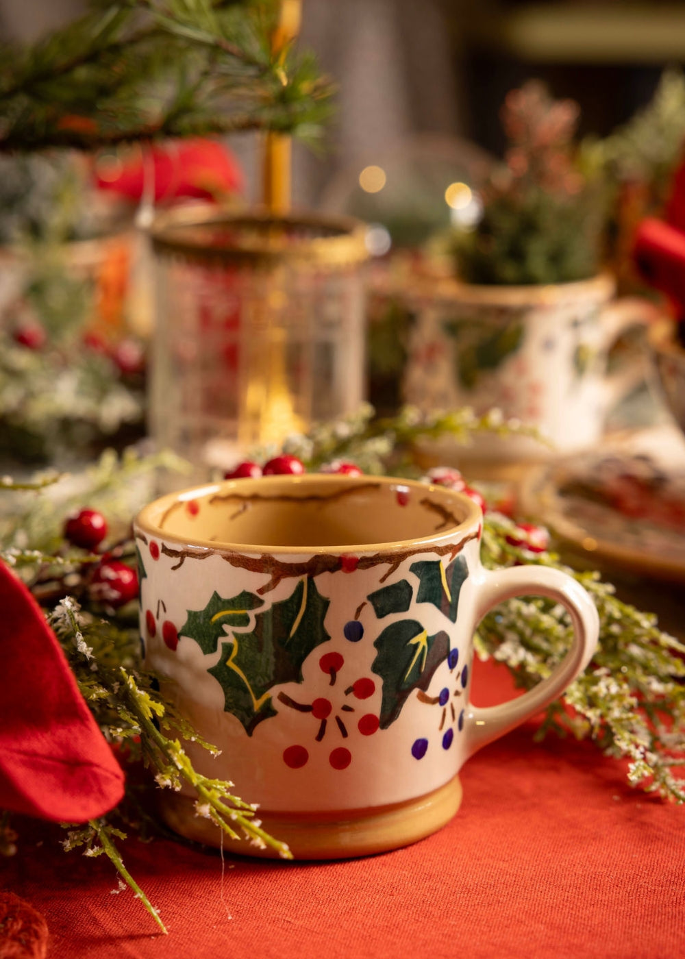 Nicholas Mosse Winter Green Christmas mug with holly and ivy design 
