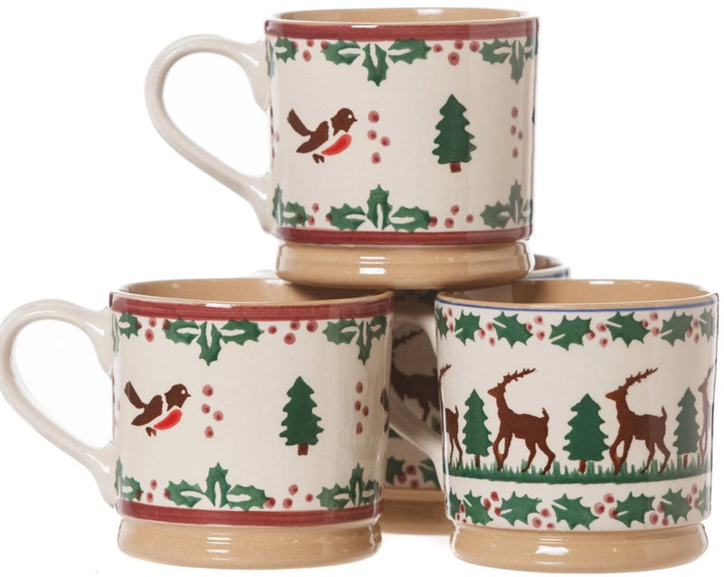 2 Large Mugs Reindeer & 2 large Mugs Winter Robin spongeware pottery by Nicholas Mosse, Ireland - Handmade Irish Craft - nicholasmosse.com