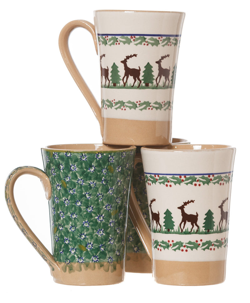 2 Tall Mugs Reindeer & 2 Tall Mugs Green Lawn spongeware pottery by Nicholas Mosse, Ireland - Handmade Irish Craft - nicholasmosse.com