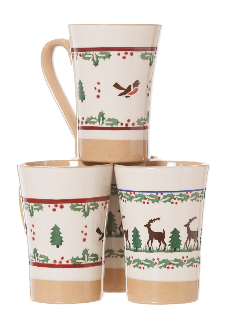 2 Tall Mugs Reindeer & 2 Tall Mugs Winter Robin spongeware pottery by Nicholas Mosse, Ireland - Handmade Irish Craft - nicholasmosse.com