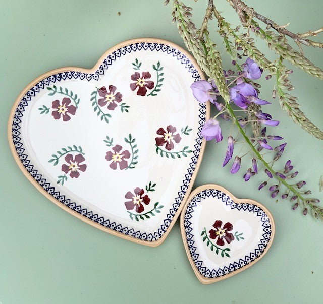 Medium Heart Plate and Tiny Heart Plate Old Rose spongeware pottery by Nicholas Mosse, Ireland - Handmade Irish Craft - nicholasmosse.com