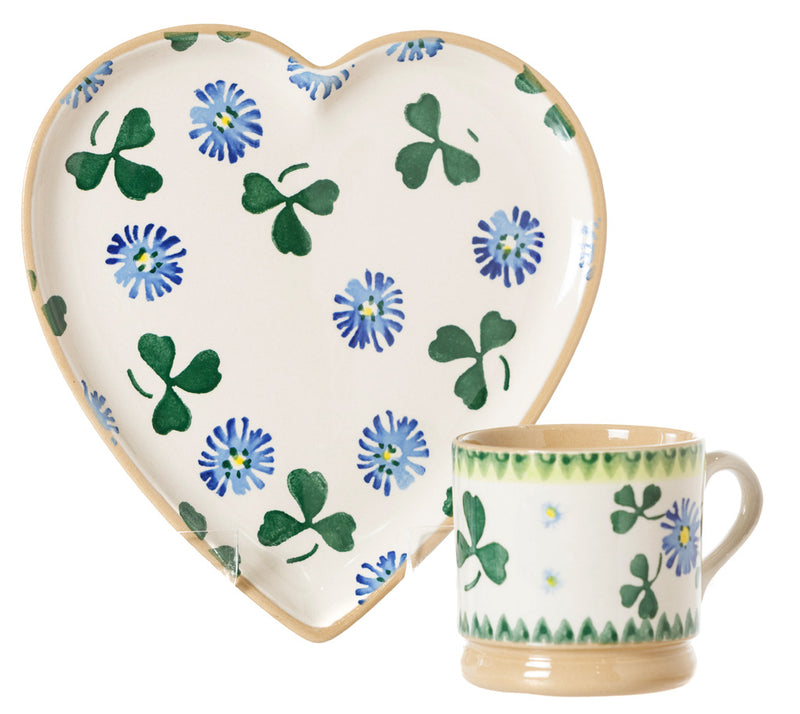 Medium Heart Plate and Small Mug Clover spongeware pottery by Nicholas Mosse, Ireland - Handmade Irish Craft - nicholasmosse.com