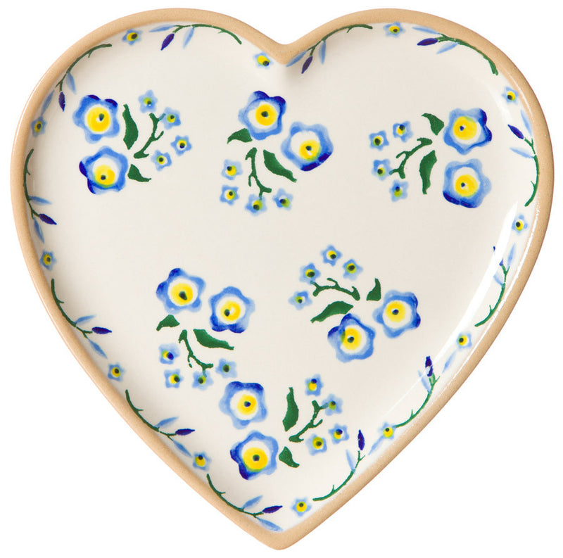 Medium Heart Plate Forget Me Not spongeware pottery by Nicholas Mosse, Ireland - Handmade Irish Craft - nicholasmosse.com