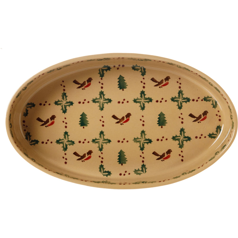 Small Oval Oven Dish Winter Robin | NicholasMosse.com