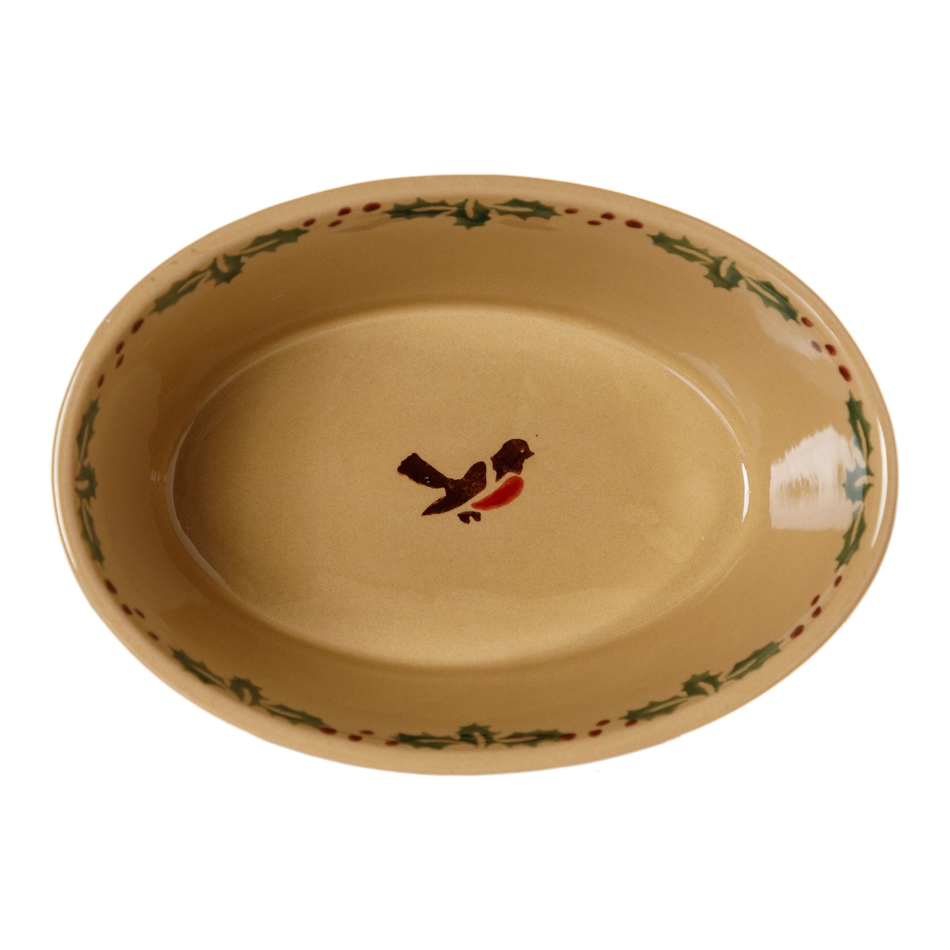 Small Oval Pie Dish Winter Robin | NicholasMosse.com